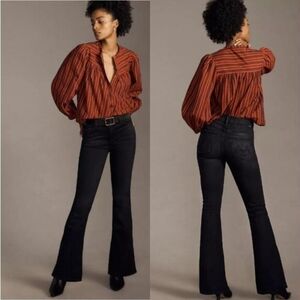 Mother The Weekender Deep End High Waist Cropped Flare Jeans Washed Black